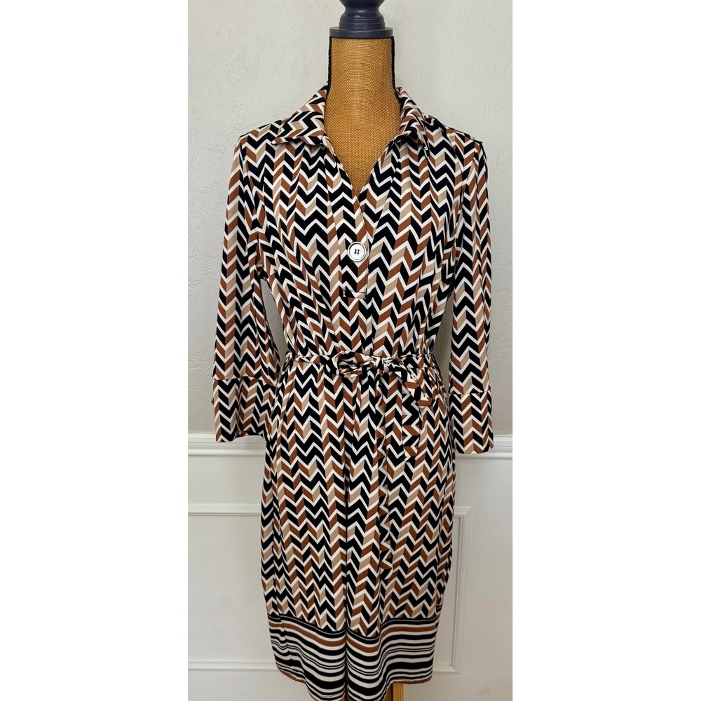 Chevron Print Tie Waist Midi Dress Brown Black Tan Geometric 3/4 Sleeve XL